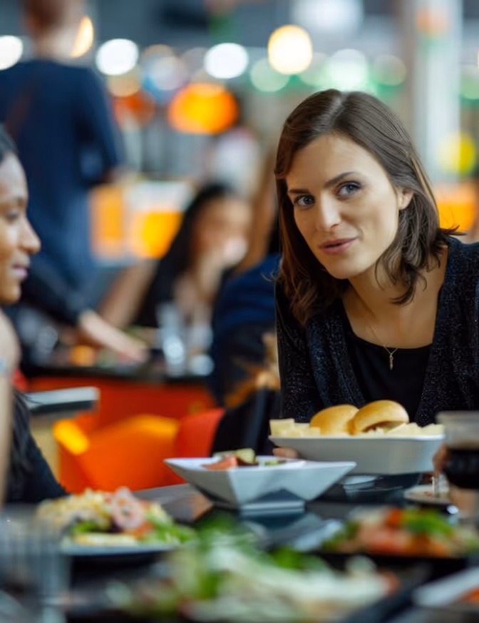 Mehrere Personen lauschen einem Vortag, während sie eine Mahlzeit essen.