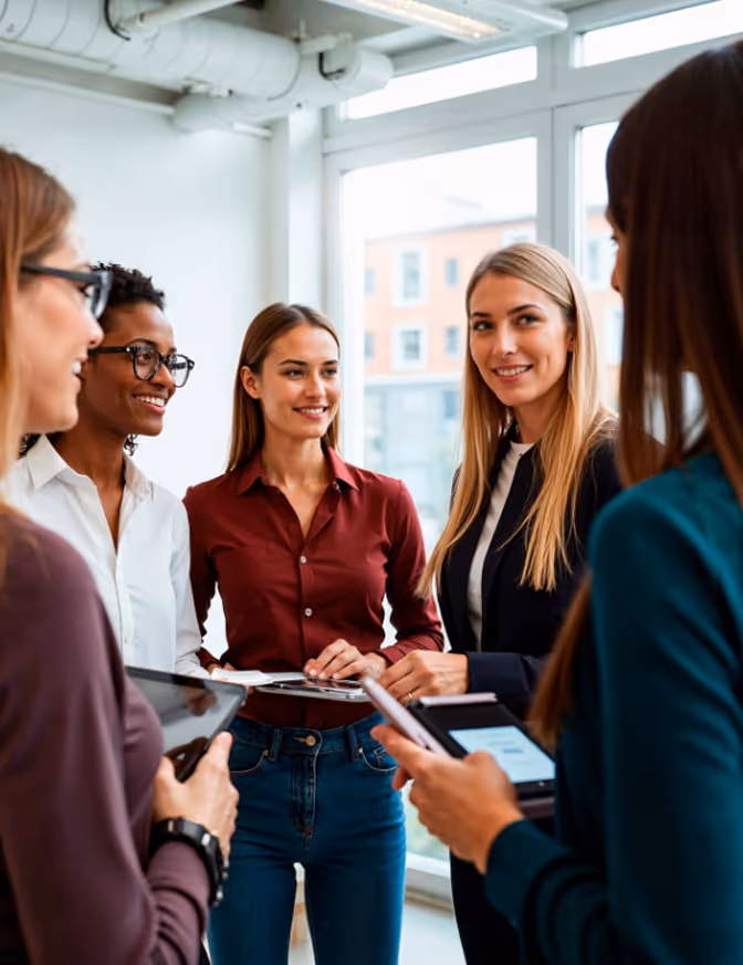 Fünf Frauen in geschäftlicher Kleidung stehen im Kreis, lächeln und sprechen miteinander. 