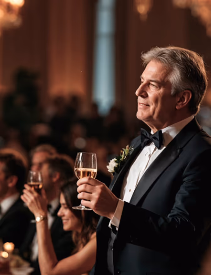 Ein Mann steht mit erhobenem Glas an einem Gala-Dinner und lächelt einen Redner an.