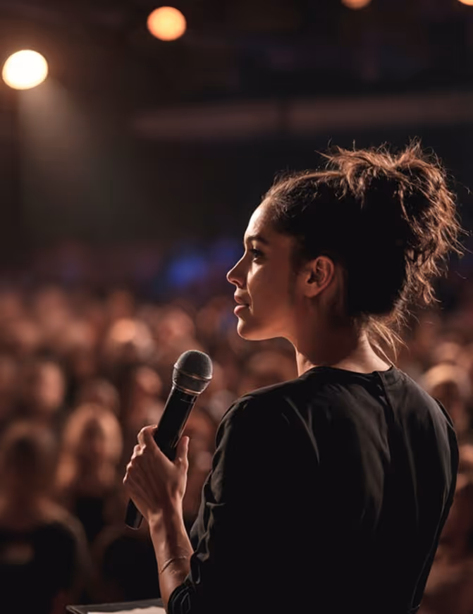 Eine Frau steht vor einem Publikum und spricht in ein Mikrofon. 