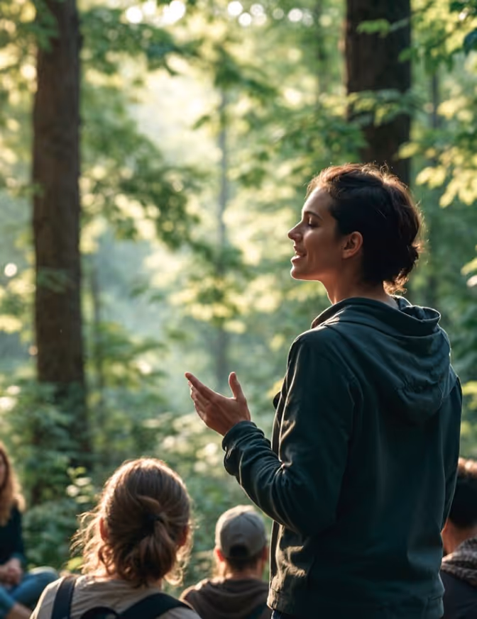 Eine Frau steht im Wald und hält vor Gästen eine Präsentation.
