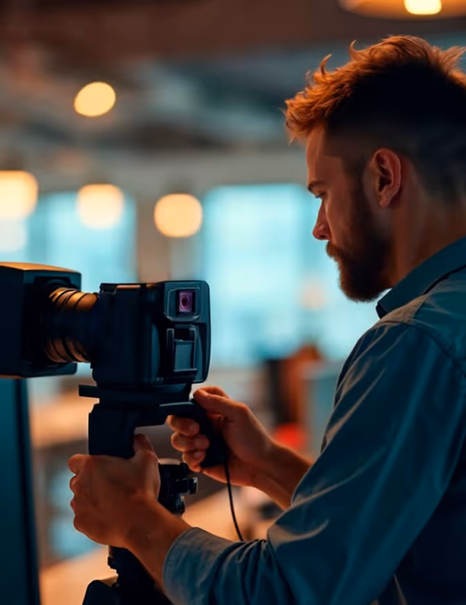 Ein Mann bedient eine Kamera, um einen virtuellen Event zu filmen.