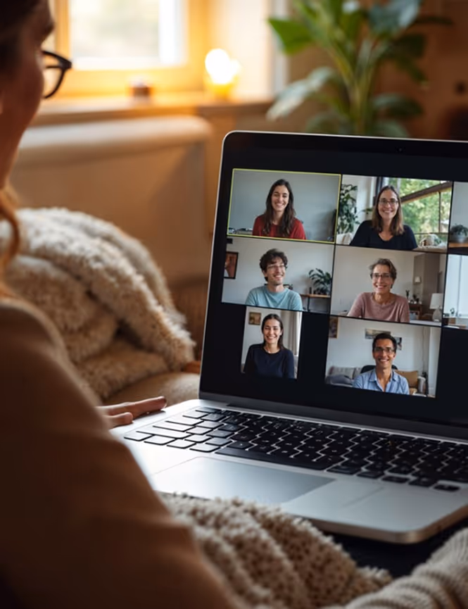 Eine Frau schaut in ihren Bildschirm, auf dem mehrere Personen in einem Video-Call zu sehen sind.