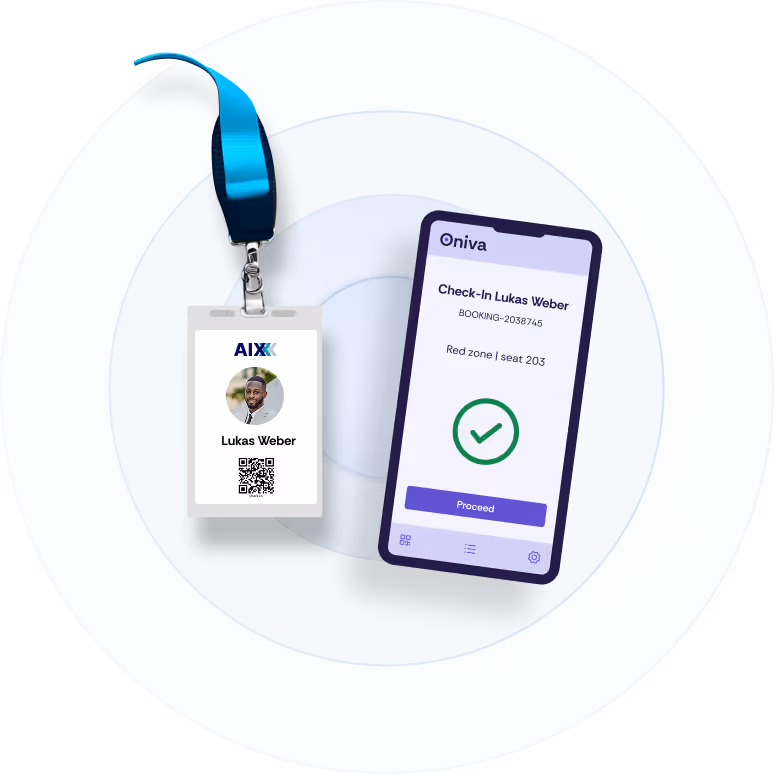 A screenshot of the Oniva Check-In app and an event badge.