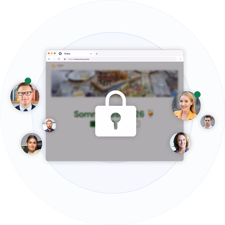 Eine Event-Website, die durch ein Schloss-Symbol als geschlossen oder privat gekennzeichnet ist. Daneben sind die Profilbilder der Benutzer:innen zu sehen.