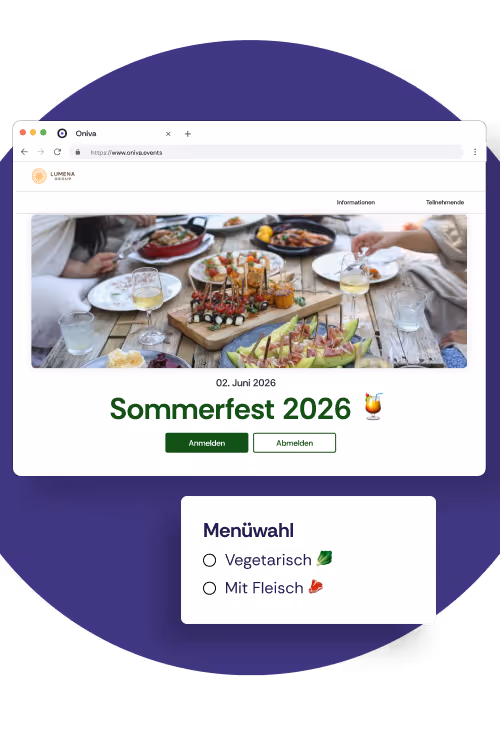 Eine Event-Website für ein Sommerfest. Darunter wird die Anfrage nach dem Menü angezeigt.