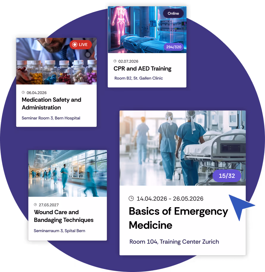 A total of four different medical training courses are displayed in a library with events.