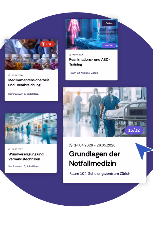 Insgesamt werden vier verschiedene Angebote für medizinische Weiterbildungen in einer Bibliothek mit Events angezeigt.
