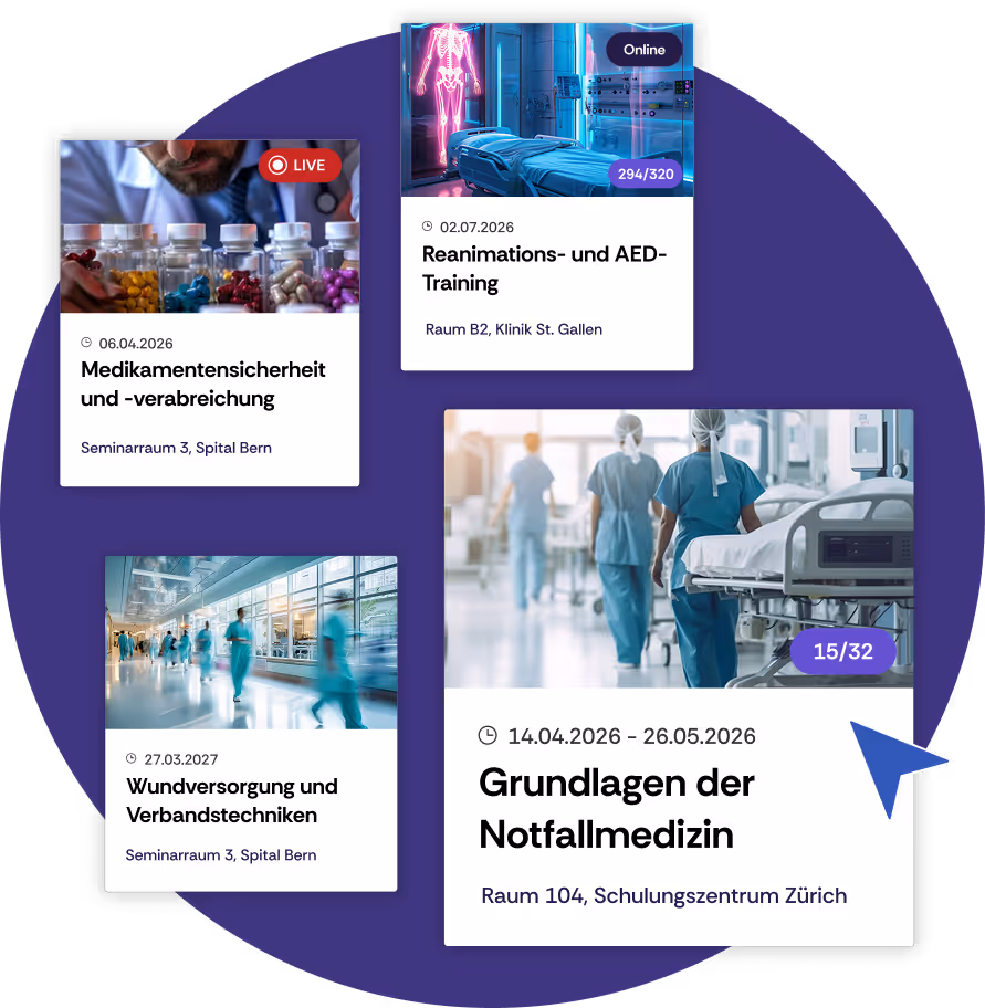 Insgesamt werden vier verschiedene Angebote für medizinische Weiterbildungen in einer Bibliothek mit Events angezeigt.