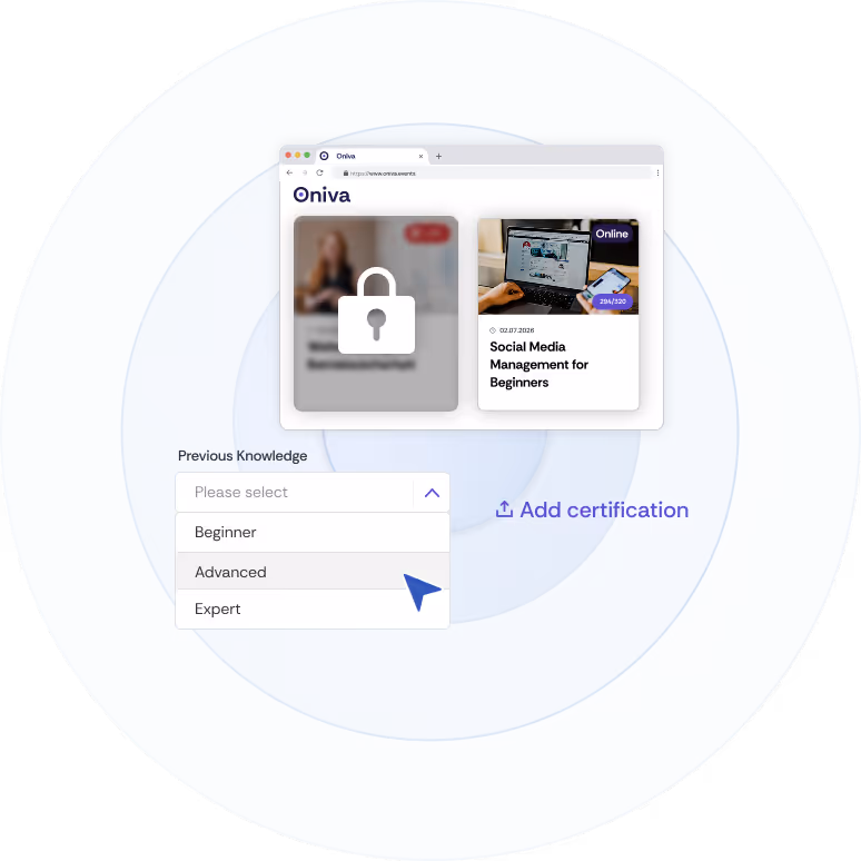 Two offers are visible in the library, but one of them is marked as private with a lock symbol. Below this, a form field is displayed where participants can enter their prior knowledge of the training.