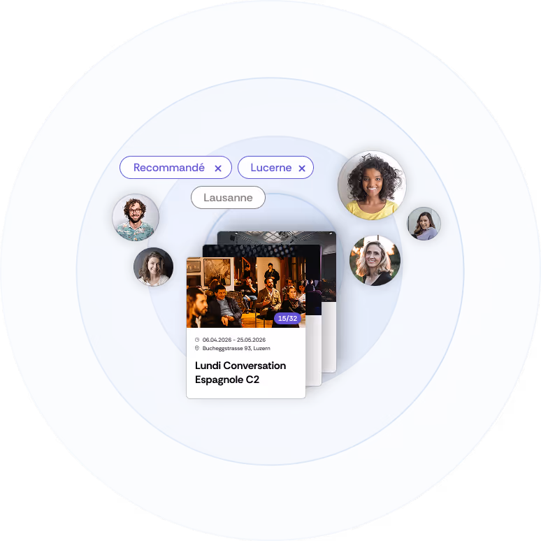 Plusieurs offres sont affichées dans une bibliothèque. Des filtres régionaux sont visibles au-dessus. Autour des captures d'écran, on peut voir les photos de profil des utilisateur·trice·s qui consultent les offres.