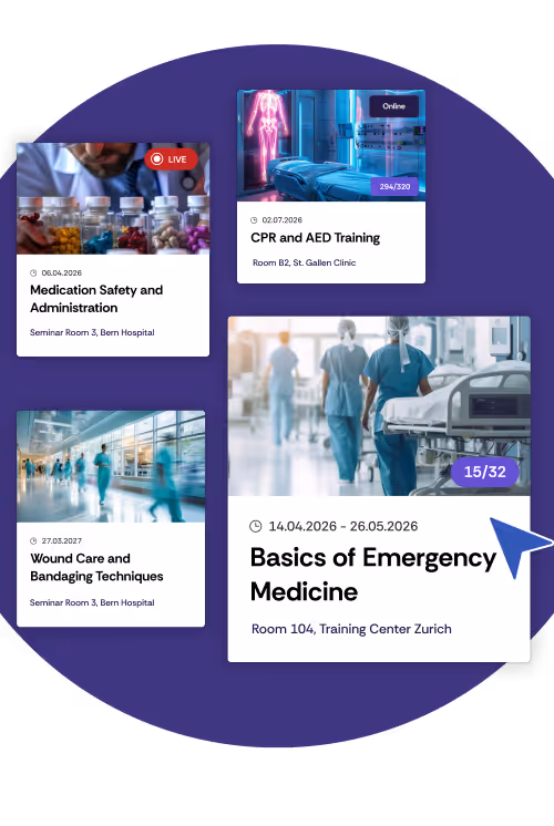A total of four different medical training courses are displayed in a library with events.