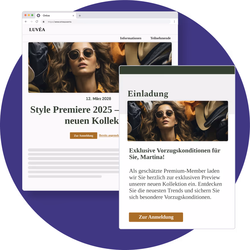 Ein Screenshot der Event-Website eines Marketing-Events und der Einladung zum Event.