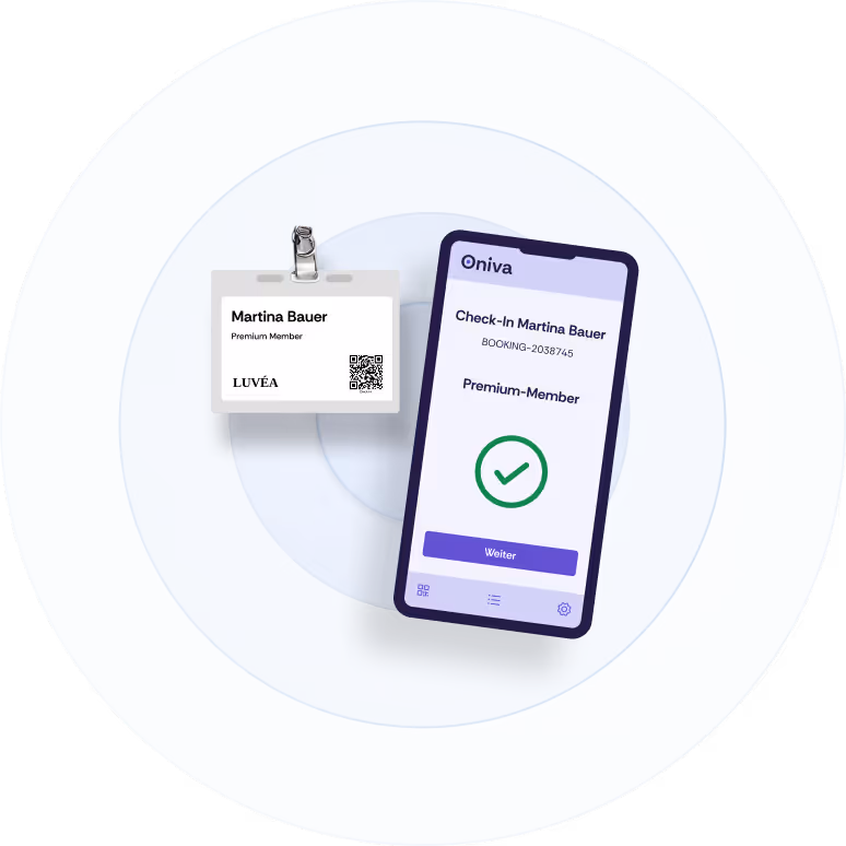 Ein Screenshot der Oniva Check-In App und eines Event Badges.