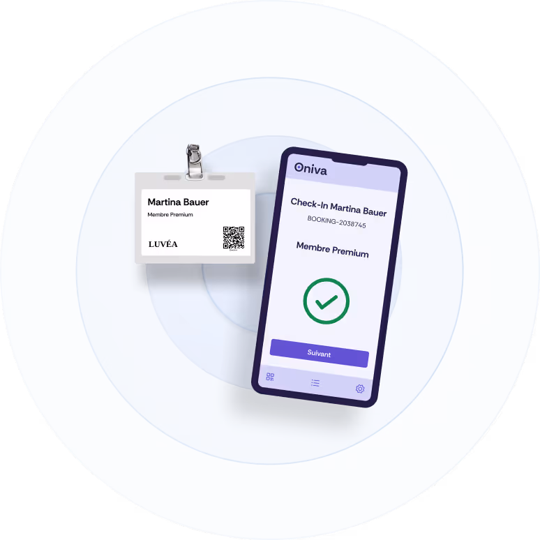Une capture d'écran de l'application Oniva Check-In et d'un badge événementiel.