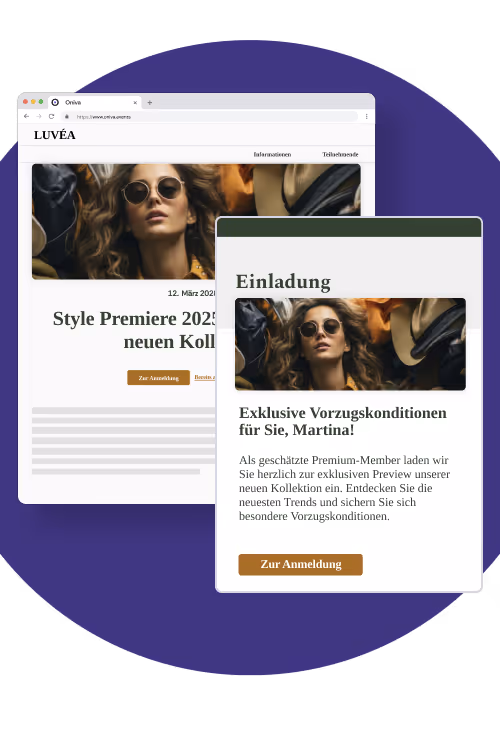 Ein Screenshot der Event-Website eines Marketing-Events und der Einladung zum Event.