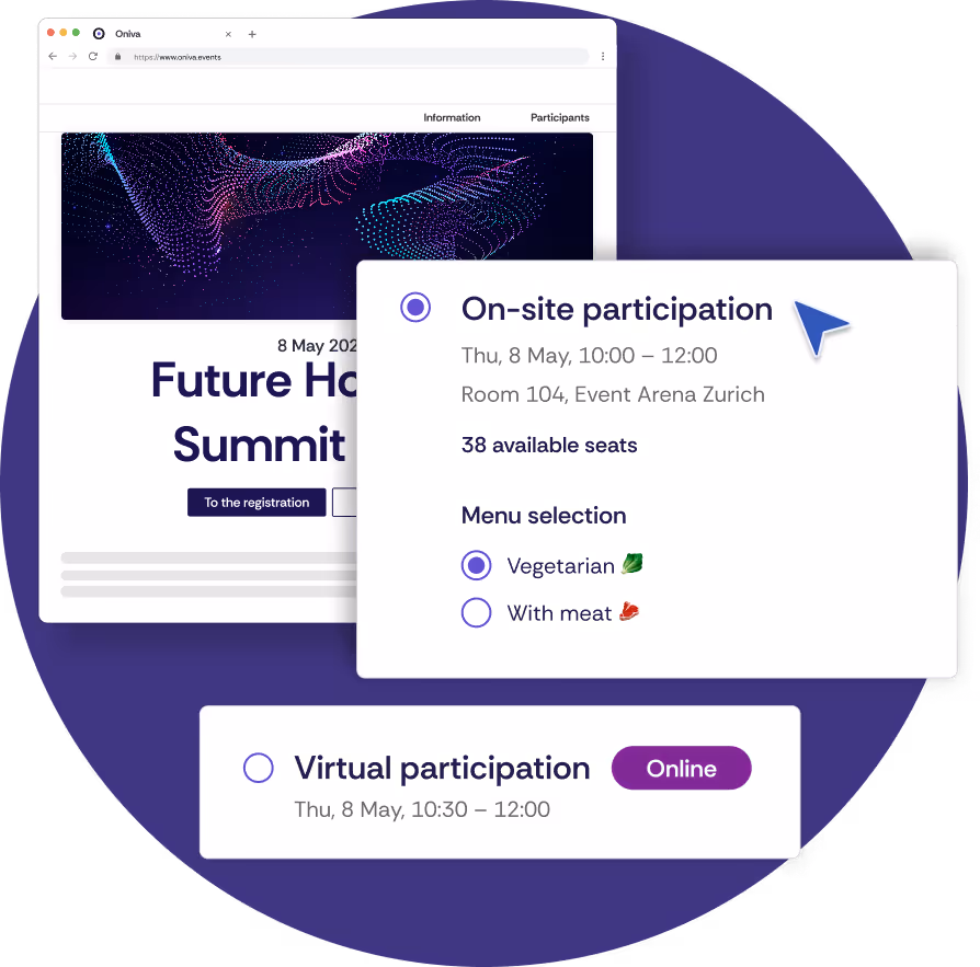 An event website for a conference with the registration options ‘physical’ and ‘virtual’. For virtual registration, no location needs to be specified and the time is shorter. For physical registration, a menu must also be selected.