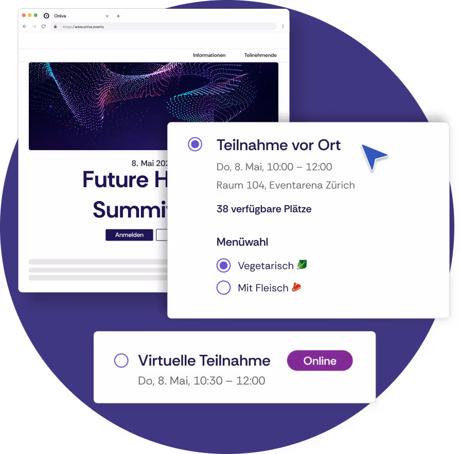 Eine Event-Website für eine Konferenz mit den Anmeldeoptionen „physisch” und „virtuell”. Bei der virtuellen Anmeldung muss kein Standort angegeben werden und die Zeit ist kürzer. Für die physische Anmeldung muss außerdem noch ein Menü ausgewählt werden.
