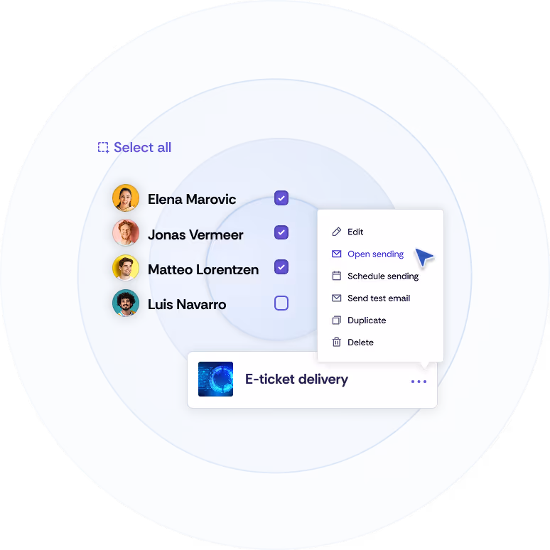Part of a guest list is displayed, with a subgroup selected using checkboxes. At the top, everything can be selected using a command. Below that, you can see a campaign that is to be sent to these contacts.