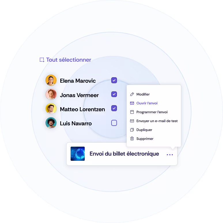 Une partie d'une liste d'invités s'affiche, dans laquelle un sous-groupe est sélectionné à l'aide de cases à cocher. En haut, une commande permet de tout sélectionner. En dessous, vous pouvez voir une campagne qui doit être envoyée à ces contacts.