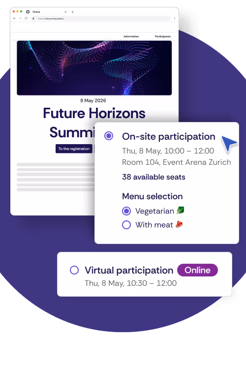 An event website for a conference with the registration options ‘physical’ and ‘virtual’. For virtual registration, no location needs to be specified and the time is shorter. For physical registration, a menu must also be selected.
