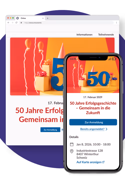 Eine Event-Website zum 50-jährigen Jubiläum einer Firma wird auf einem Browser-Tab und einem Smartphone angezeigt.