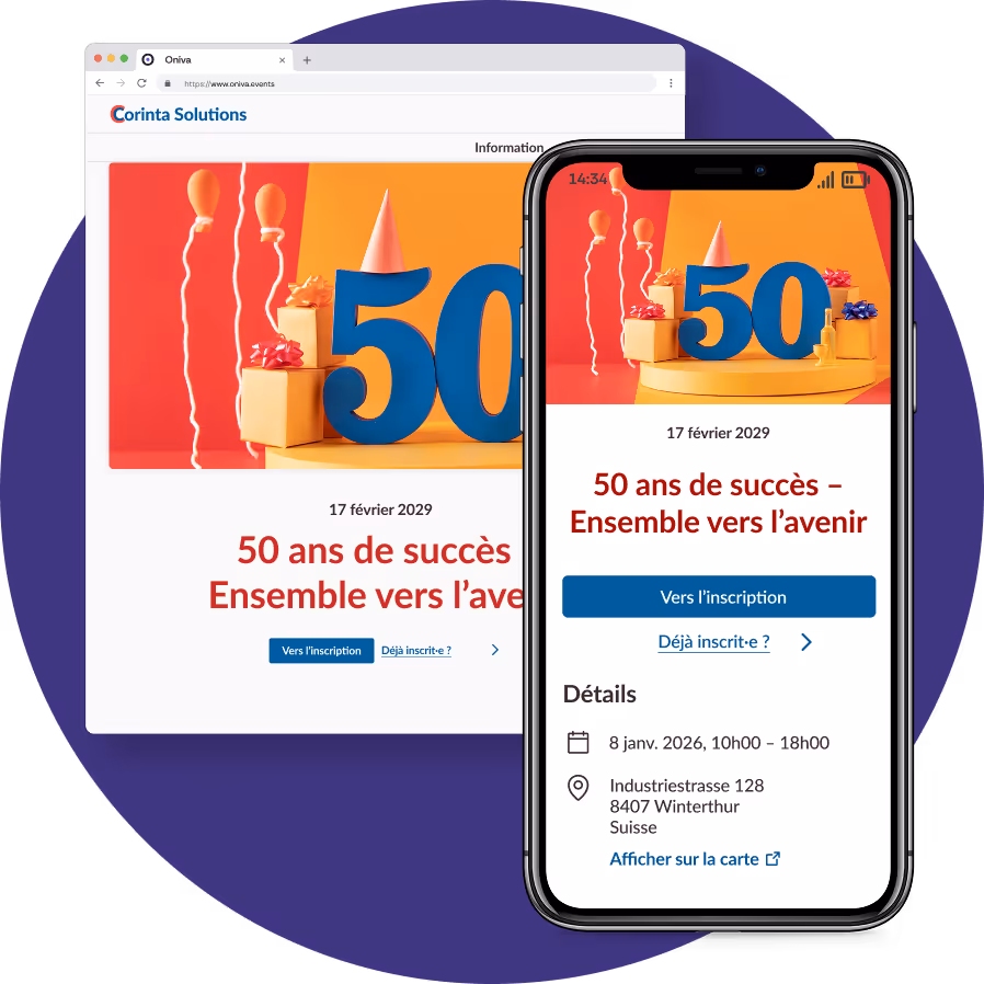 Un site web dédié au 50e anniversaire d'une entreprise s'affiche sur un onglet de navigateur et un smartphone.
