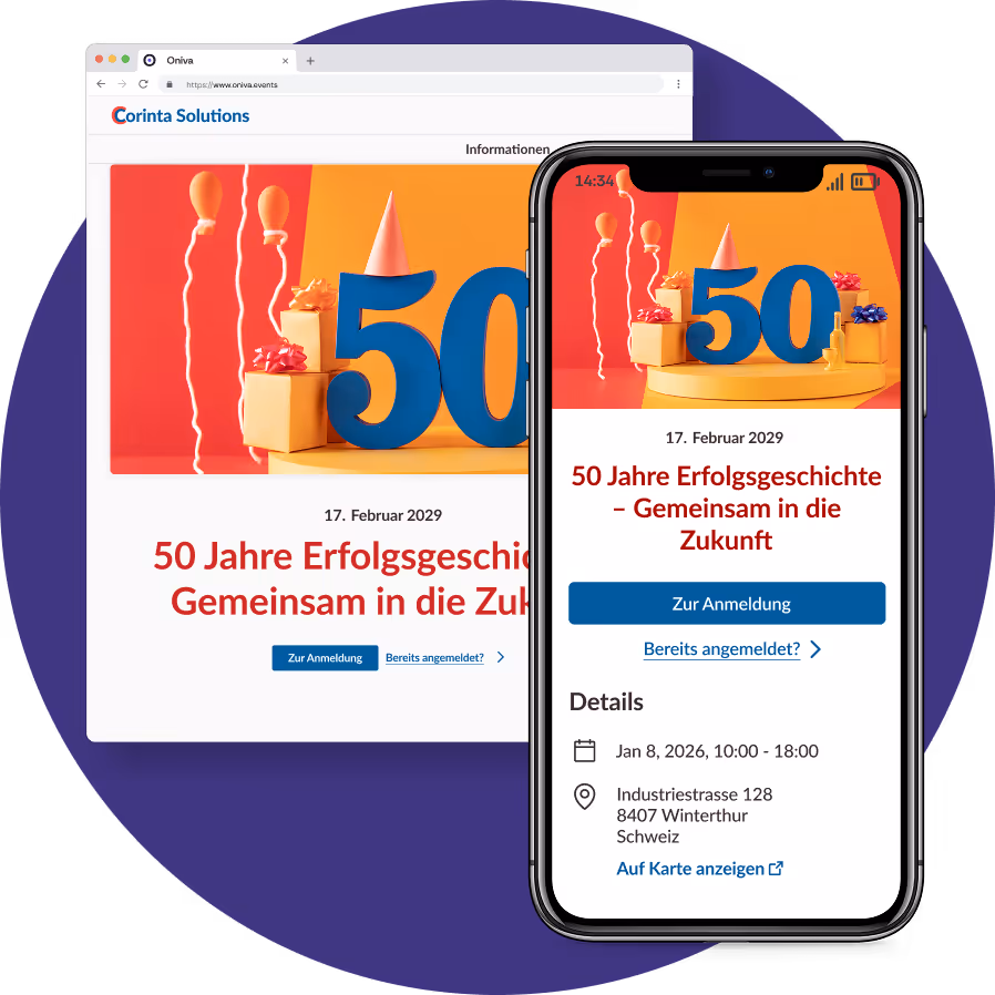 Eine Event-Website zum 50-jährigen Jubiläum einer Firma wird auf einem Browser-Tab und einem Smartphone angezeigt.