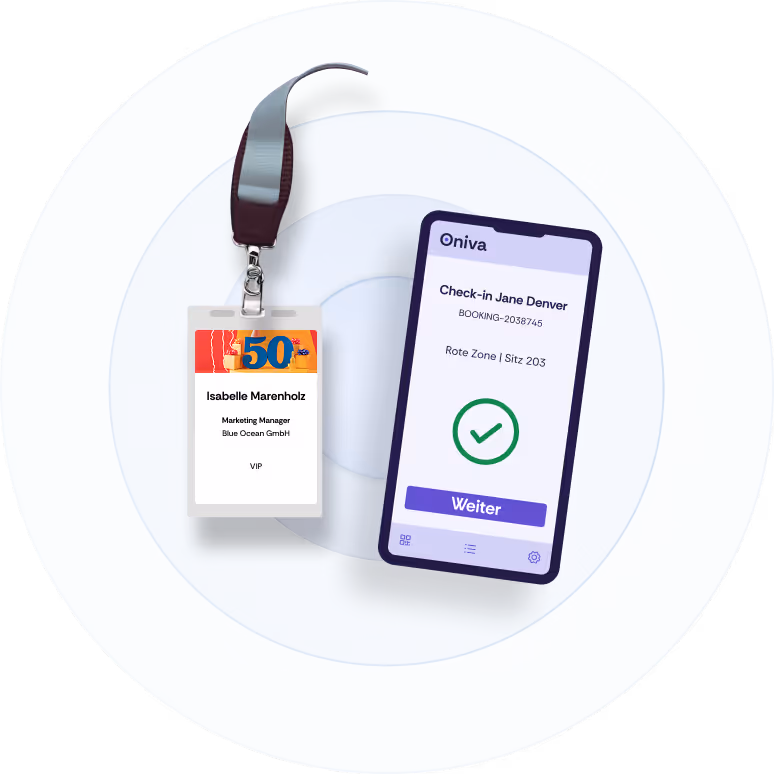 Ein Screenshot der Oniva Check-In App und eines Event Badges.