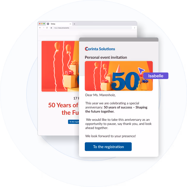 An event website celebrating a company's 50th anniversary is displayed in a browser tab. Next to it is the email invitation sent to a guest.