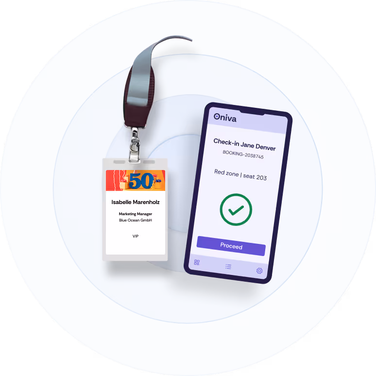 A screenshot of the Oniva Check-In app and an event badge.