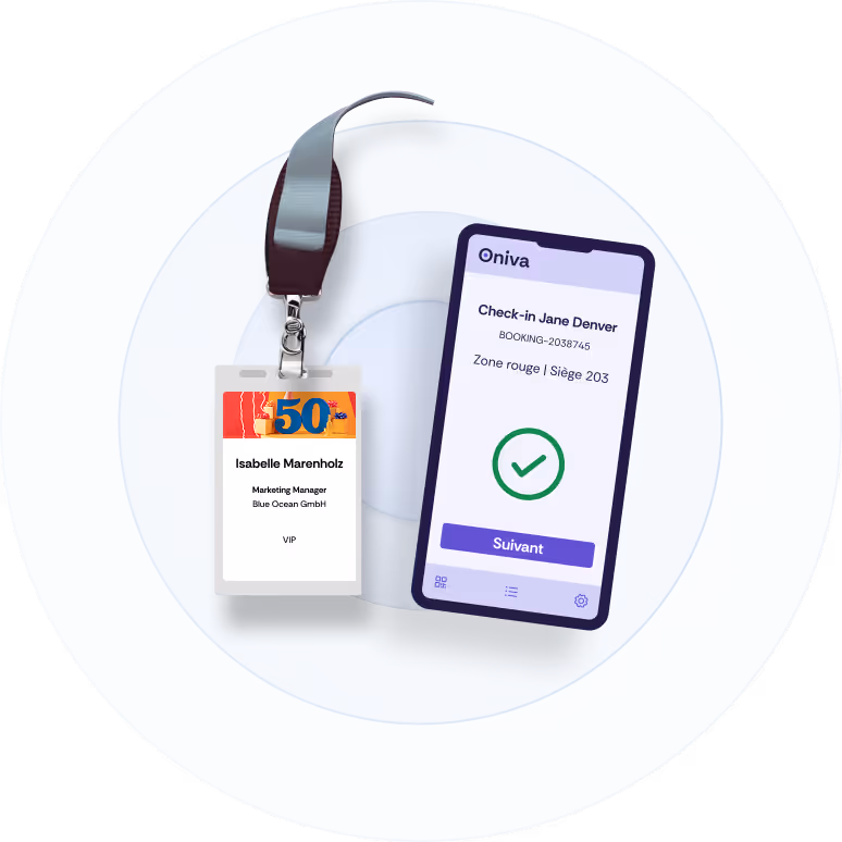 Une capture d'écran de l'application Oniva Check-In et d'un badge événementiel.