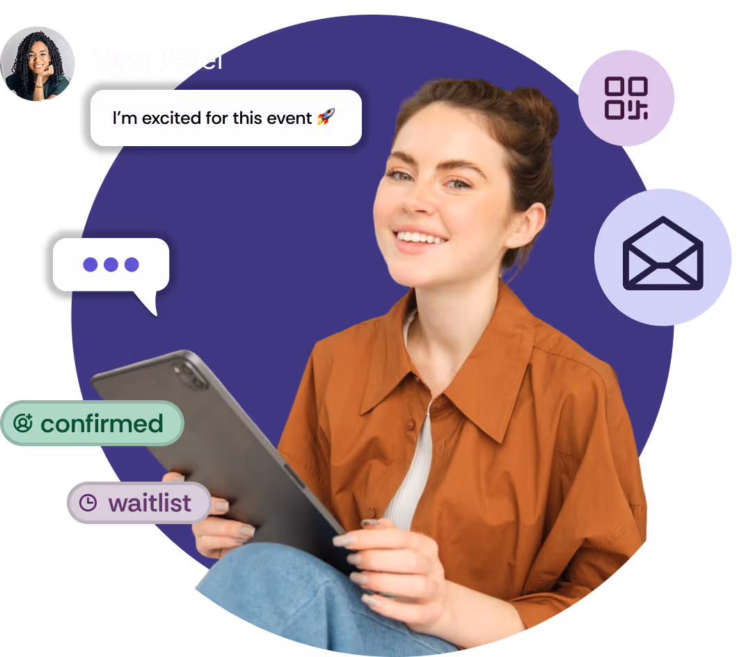 A picture of a woman using a tablet. Behind it, you can see a QR code symbol and a letter symbol. She just responded to a comment about an event that a guest has written (“I'm really looking forward to this event”) and there are two status banners (“confirmed” and “waiting list”).