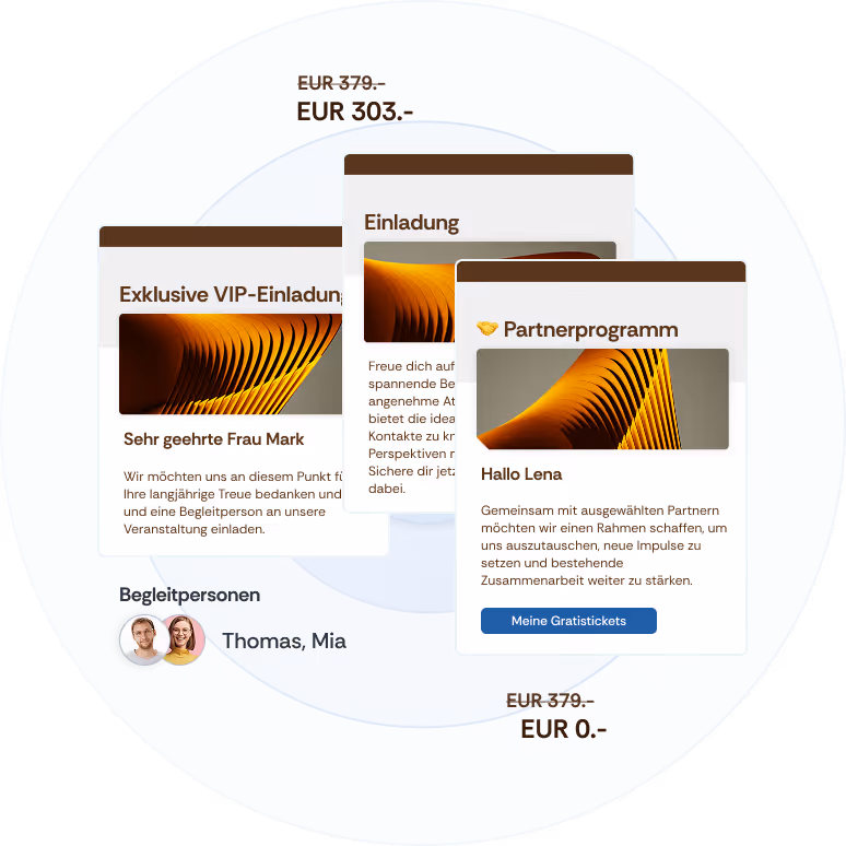 UI mit personalisierten Event-Einladungen, VIP-Angebot und Partnerprogramm inklusive Gratis-Tickets und Begleitpersonen.
