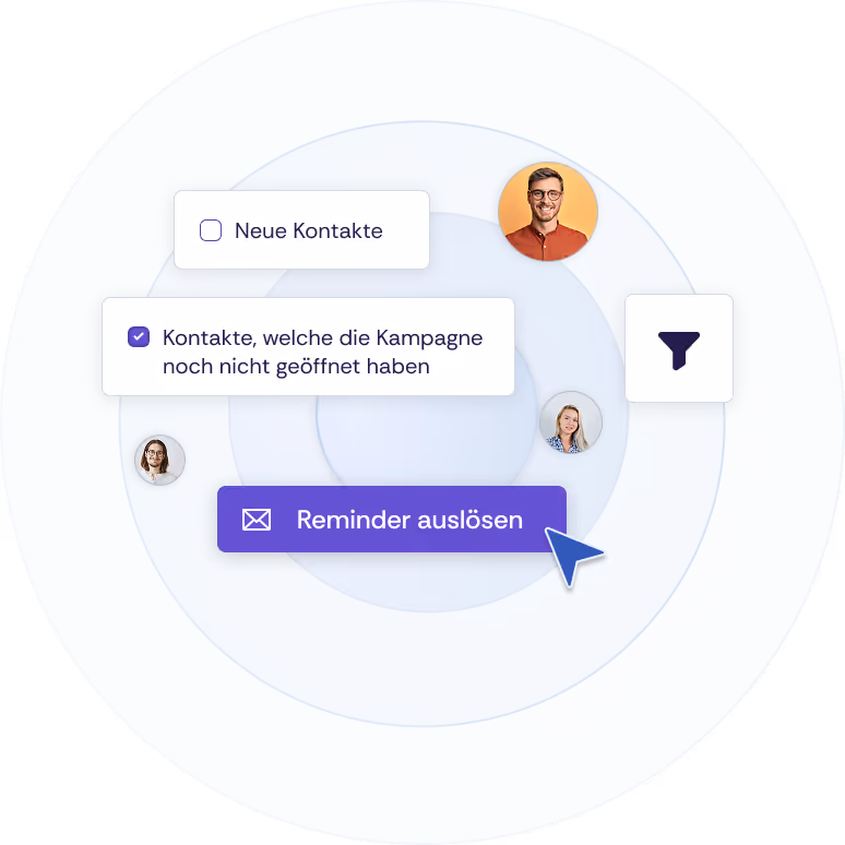 Auswahl von Kontakten für eine Kampagne mit Filteroptionen und Button zum Auslösen eines Erinnerungsversands.