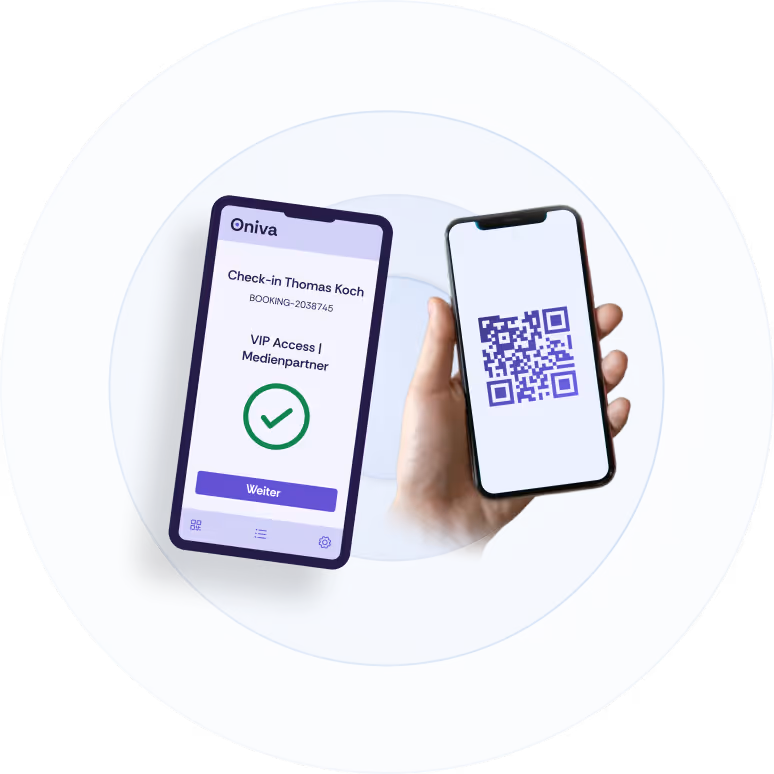 Mobiler Event-Check-in mit QR-Code-Scan und Bestätigung des Zugangs für Teilnehmende.