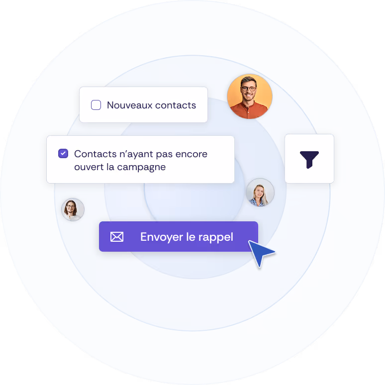 Sélection des contacts pour une campagne avec des options de filtrage et un bouton pour déclencher un rappel.