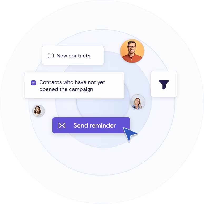 Selection of contacts for a campaign with filter options and a button to trigger a reminder.