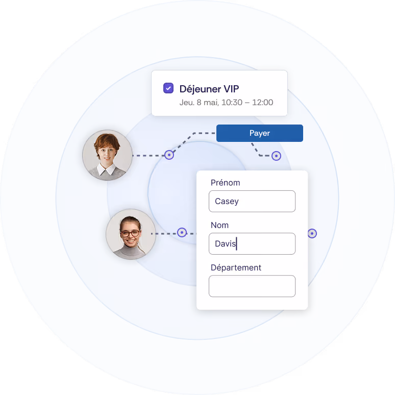 Formulaire d'inscription à l'événement avec sélection d'un déjeuner VIP et saisie des données des participants lors du processus de réservation.