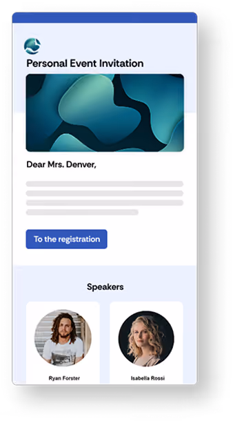 Email template with the Oniva logo, the heading "Personal event invitation", the greeting "Dear Ms Denver", placeholder text, a registration button, and a "Speakers" section with photos of Ryan Forster and Isabella Rossi.