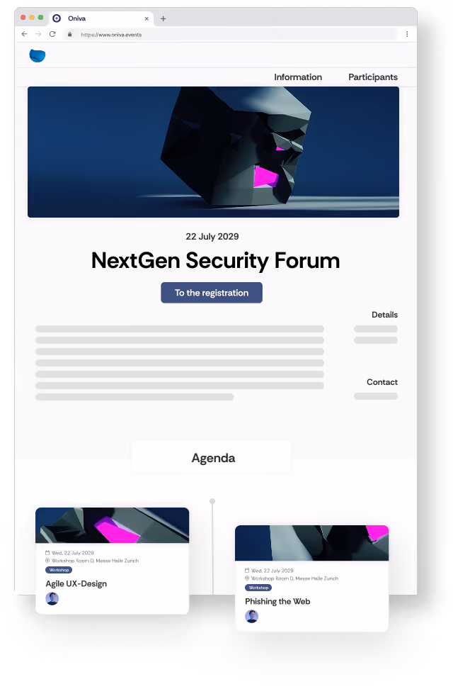 An empty browser tab appears. A cursor moves across the browser, while the content sections gradually appear one by one: first the logo and navigation, followed by the image and text, and finally an agenda with two agenda cards.
The cursor clicks in the centre of the page. The image and colours then change. The cursor clicks again, and the original image and colours are restored.
The entire content and the cursor then disappear, leaving the browser tab empty again.