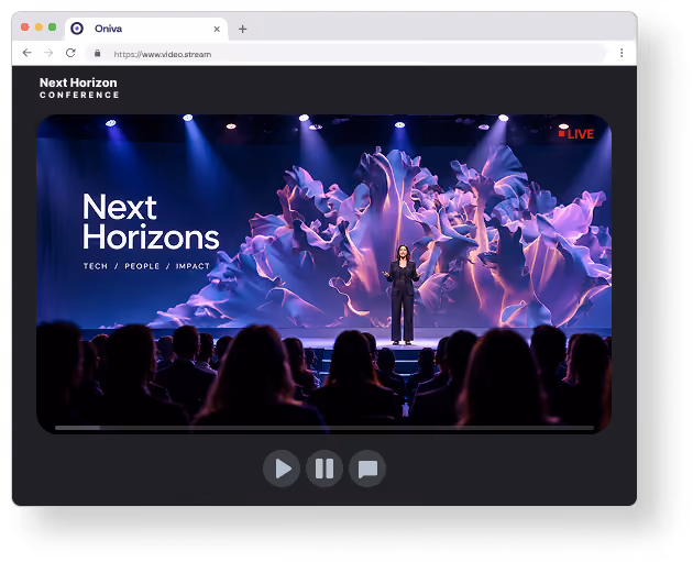 Animated view of a browser window displaying an online event website. A cursor moves across the page and clicks the “Join online event” button. The person is then taken directly to the streaming page, where they can watch the event online.