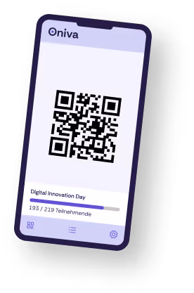 Smartphone-Bildschirm der Oniva-App mit einer Check-in-Bestätigung: grünes Häkchen, Name „Jane Denver", Teilnehmer-Code „ONIVA-23847", Link zum Badge-Druck und Button „Weiter".