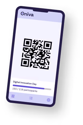 Smartphone screen of the Oniva app showing a check-in confirmation: a green tick, the name "Jane Denver", the attendee code "ONIVA-23847", a link to print the badge, and a "Continue" button.