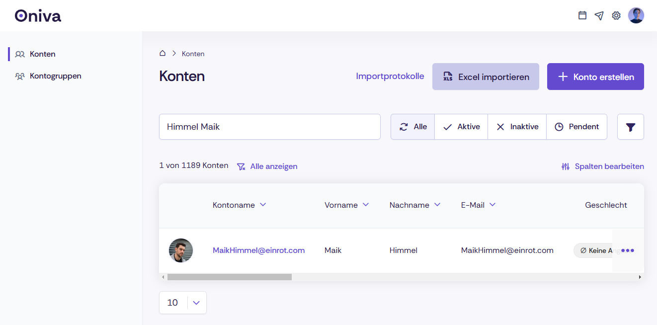 Ein Screenshot der Kontoverwaltung in Oniva