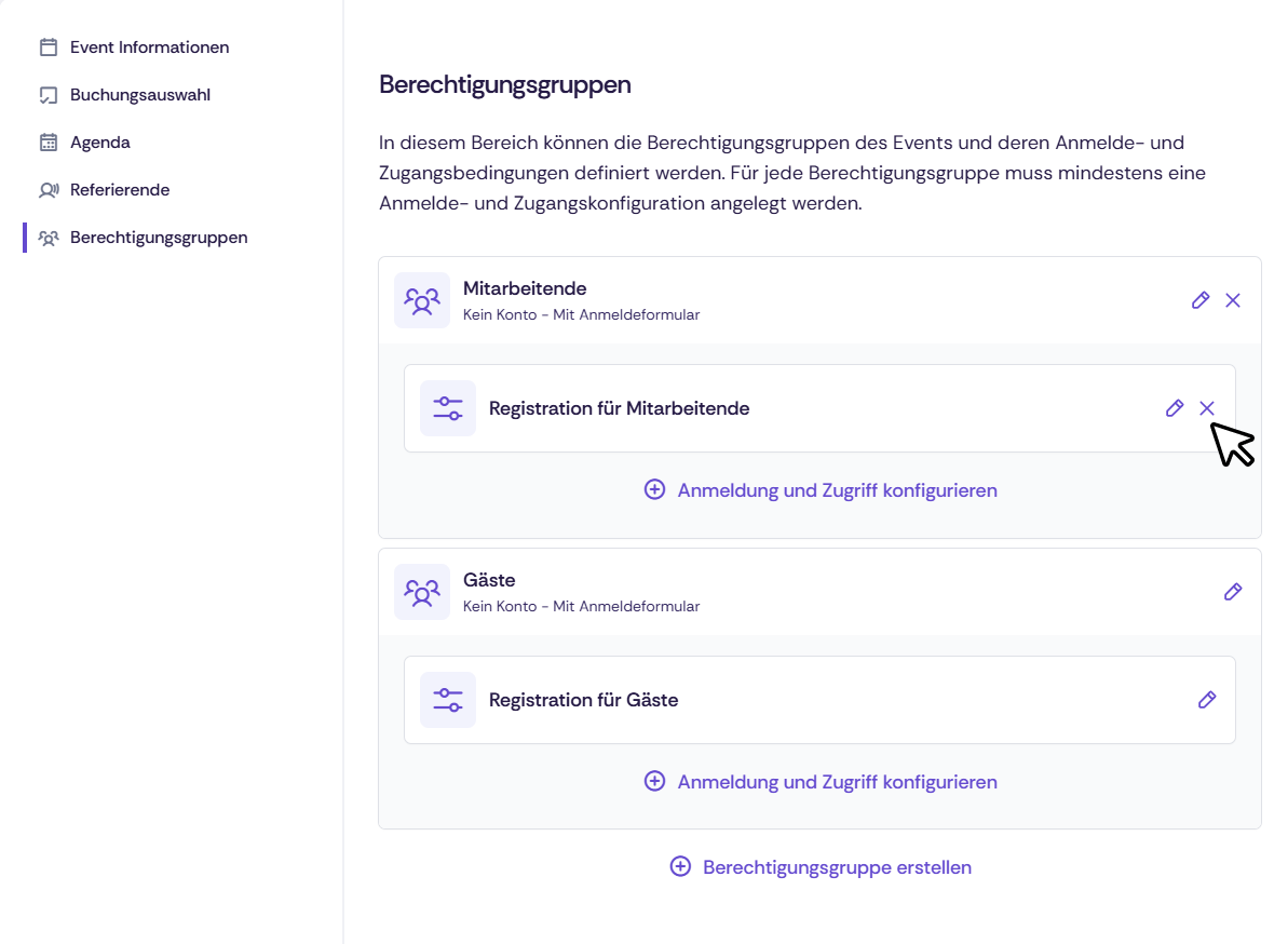 Screenshot der Berechtigungsgruppen in einem Event