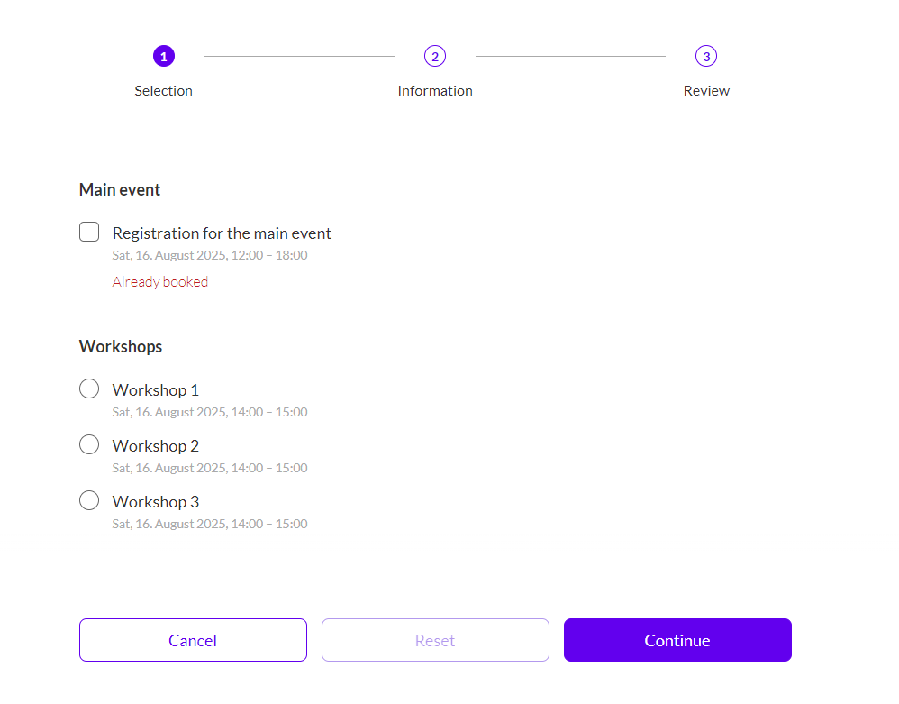 View of guest selection options