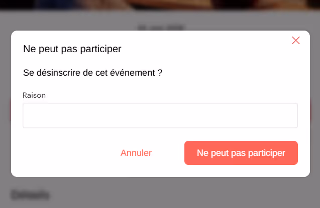 Capture d'écran de la saisie du motif de désinscription lors d'un deregistration