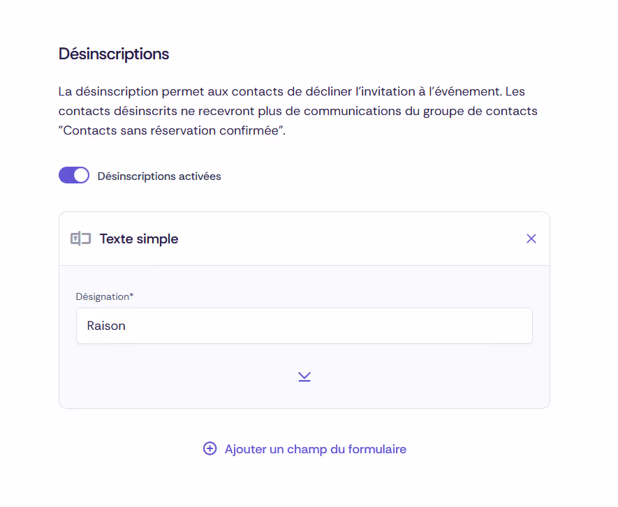 Capture d'écran de la configuration de la désinscription avec formulaire de désinscription