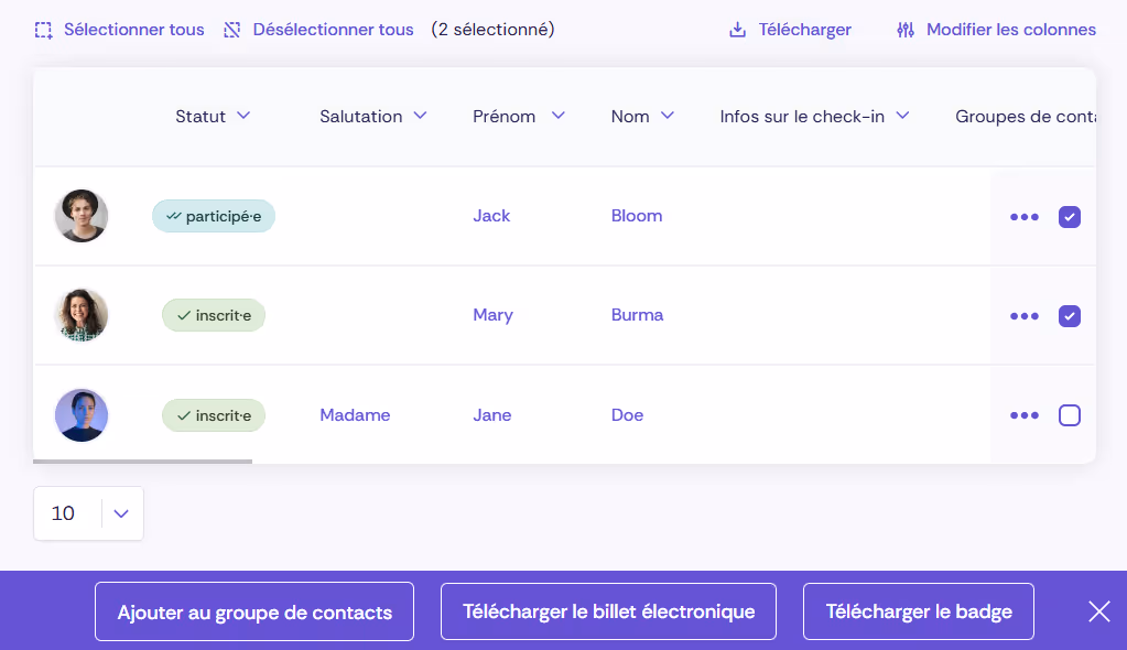 Téléchargement des badges ou des e-tickets depuis la zone d'administration
